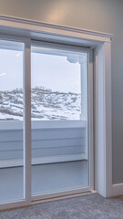 Fototapeta na wymiar Vertical crop View through glass balcony doors of snow in winter