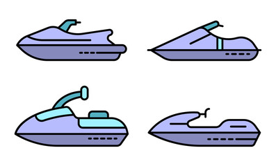 Jet ski icons set. Outline set of jet ski vector icons thin line color flat isolated on white