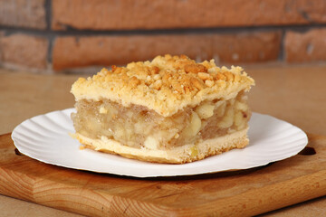 Apple Pie on disposable paper plate. Double crust apple pie with cinnamon made with shortcrust pastry.