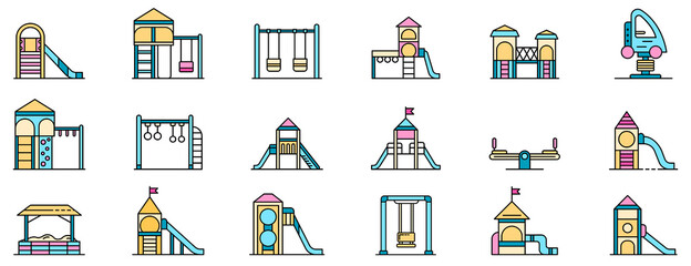 Kid playground icons set. Outline set of kid playground vector icons thin line color flat isolated on white