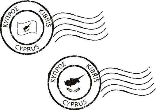 Black postal grunge stamps 'Cyprus'. Greek, english and turkish inscription.