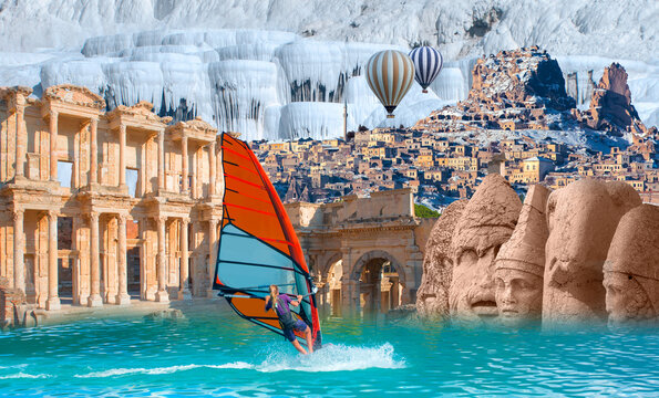 Major tourism centers in Turkey - Cappadocia, Nemrut, Pamukkale, Ephesus - Beautiful cloudy sky with Windsurfer Surfing The Wind On Waves In Alacati - Cesme, Turkey 