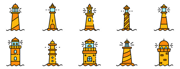 Lighthouse icons set. Outline set of lighthouse vector icons thin line color flat isolated on white