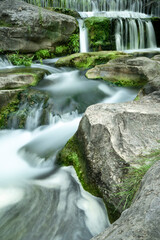 Fototapeta na wymiar Arroyo de agua con cataratas entre rocas y musgo.