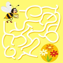 Labyrinth, bee with meadow and flowers, game for children, vector funny illustration