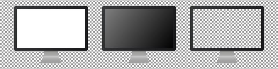 Realistic desktop computer mockup set. Desktop computer with blank screen. Mockup isolated on transparent background. Realistic vector illustration.