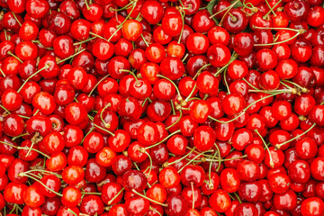 Close up of pile of ripe cherries with stalks and leaves. Large collection of fresh red cherries. Ripe cherries background.Healthy juicy food.Harvest of red cherries on a market stall.Fruit background