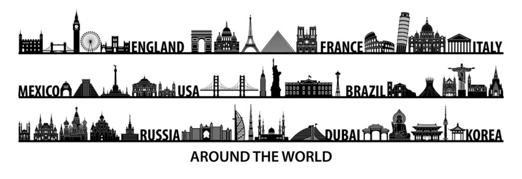 world famous landmarks silhouette style with black and white color design,vector illustration