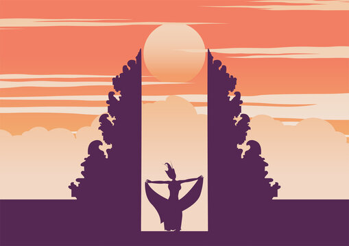 Handara gate famous landmark of Indonesia in Bali island and dancing girl,vector illustration
