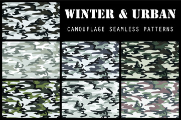 Camouflage seamless patterns. Winter and urban style. Four color scheme