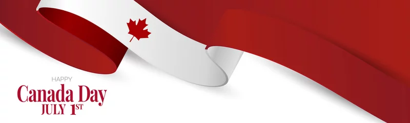 Fotobehang Canada day banner or header background. July 1 national holiday. Canadian flag waving ribbon with maple leaf. Vector illustration red and white colors. © Natalie Adams