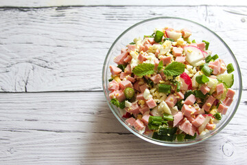 Vegetarian vegetable salad of radish, cucumber. Healthy vegan food.