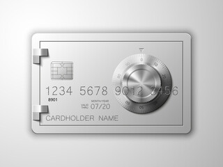 steel credit card with the image of a safe with a combination lock on the front side