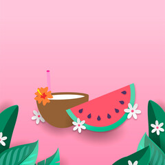 Card of watermelon and coconut. Beach and summer. Illustration