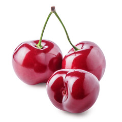 Three cherry fruits with green stem isolated on white background. Clipping path
