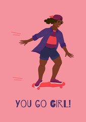 Girl riding skate card template with text. Dark skinned plump woman doing skateboarding with smile on her face. You go girl. Vector illustration with flat style design for poster.