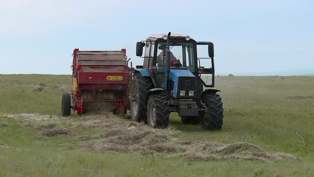 tractor with roller press baler collects the grass in the field