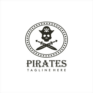 Vintage Logo of a pirate design with a skull head and two crossed swords. Pirate logo design inspiration
