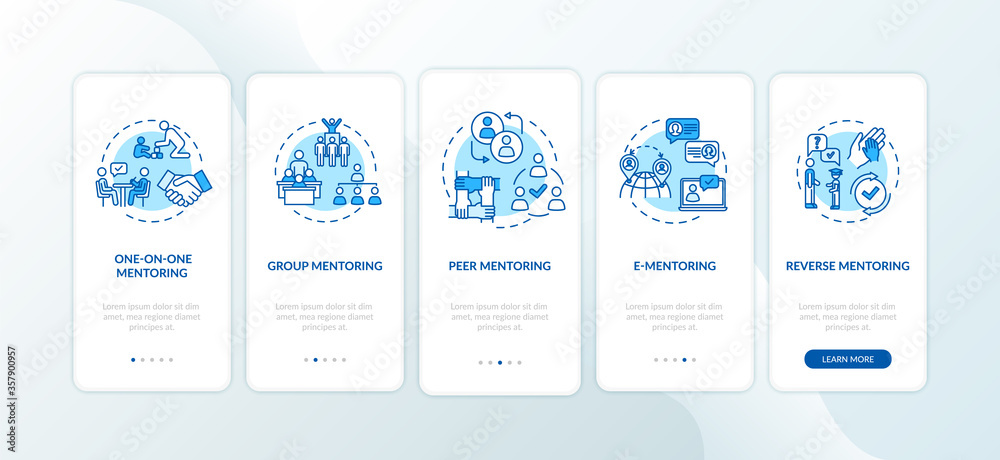 Wall mural mentoring peers onboarding mobile app page screen with concepts. group and peer to peer teaching wal