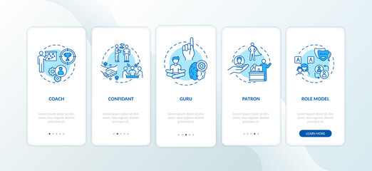 Leadership types onboarding mobile app page screen with concepts. Teaching for student guidance walkthrough 5 steps graphic instructions. UI vector template with RGB color illustrations