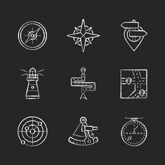 Navigation chalk white icons set on black background. Geographical location positioning, cartography. Marine, aeronautic, celestial and land navigation. Isolated vector chalkboard illustrations