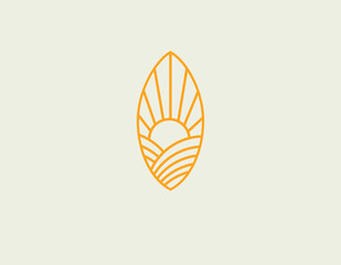 Creative abstract orange linear logo sun icon with rays and fields.