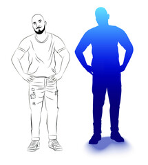 Silhouette and sketch of a figure of a standing man. Isolated image of a man.Man holds hands on a belt.