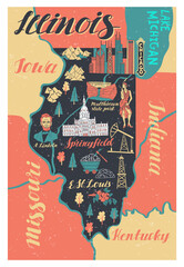 Illustrated map of Illinois. Travel and attractions