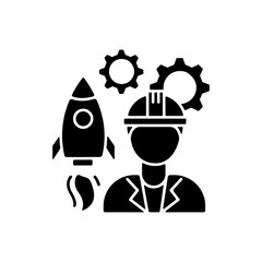 Aerospace engineer black glyph icon. Space rocket building specialist. Professional to work on spaceship. Technician for development. Silhouette symbol on white space. Vector isolated illustration