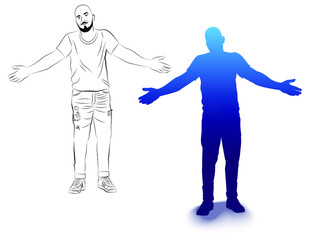 Vector illustration of a sketch and silhouette of a standing man. 
Drawing of a man with open arms.
