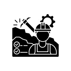 Mining engineer black glyph icon. Heavy manufacturing production worker. Professional employee for mineral extraction job. Dig on site. Silhouette symbol on white space. Vector isolated illustration