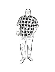 Vector linear illustration of a man. A sketch of a full man in a checkered shirt. Isolated drawing of a man on a white background.