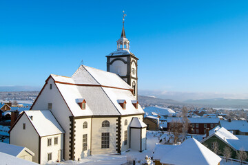 The famous Roros (Røros, Norwegian) church a cold winter day.