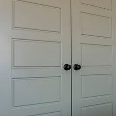 Square frame Close up of double doors with panels and matte black door knobs