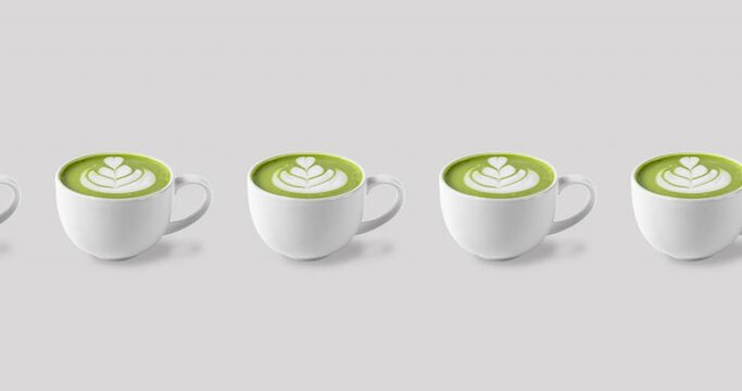 pattern with many coffee cups animated on a white background. espresso mugs with hot drink move in different directions. green matcha latte art, template for summer drink menu of cafe and restaurant