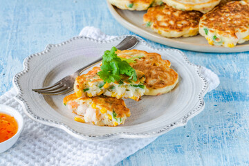 Prawn and sweetcorn fritters with sweet chilli sauce