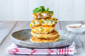 Prawn and sweetcorn fritters with sweet chilli sauce