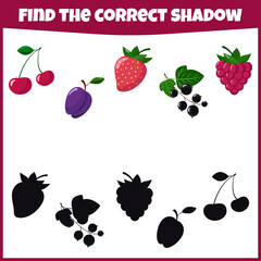 Educational game for children. Find the correct shadow. Fresh and summer berries. Mini-game for children.