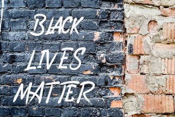 BLACK LIVES MATTER text poster on black brick wall. Protest against police killing people. blm