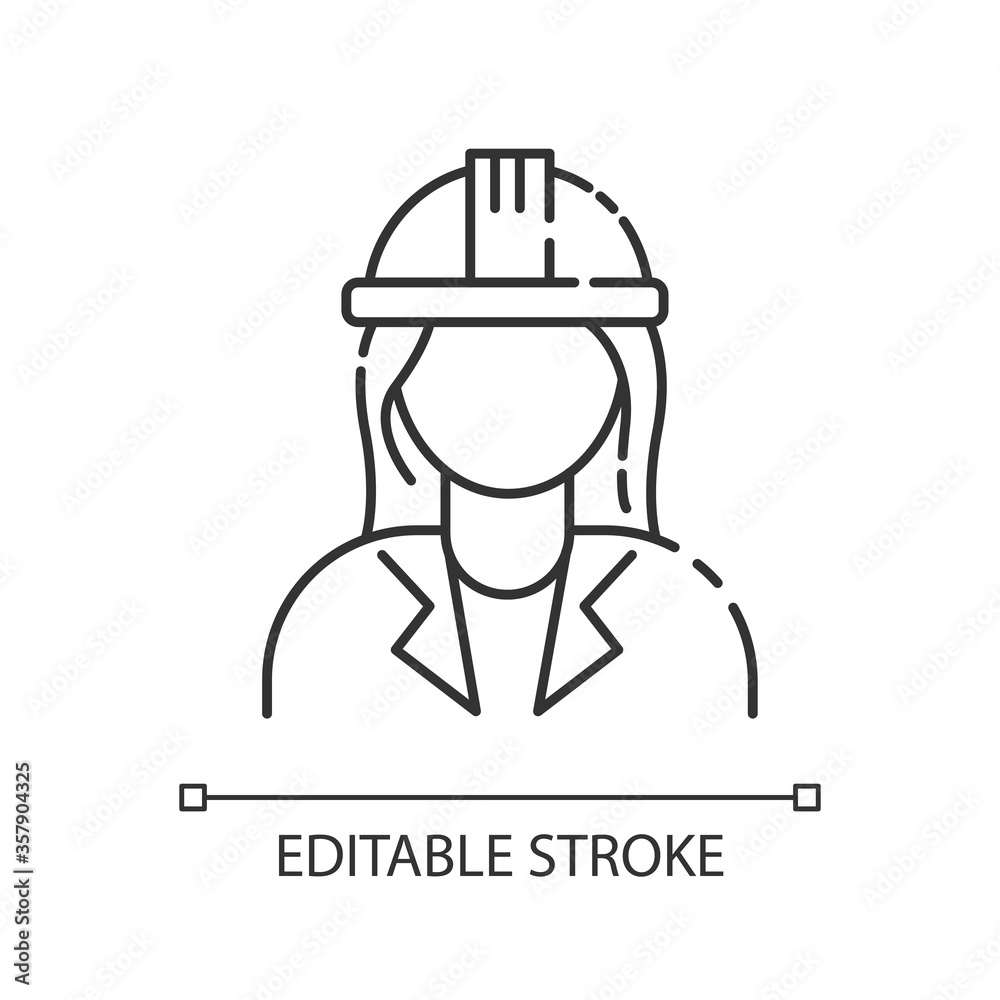 Poster Female engineer pixel perfect linear icon. Professional constructor in safe helmet. Thin line customizable illustration. Contour symbol. Vector isolated outline drawing. Editable stroke