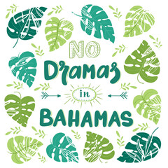 Summer greeting card with palm, monstera, tropical leaves and lettering