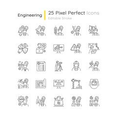 Civil engineering pixel perfect linear icons set. Professional female architect. Male contractor. Customizable thin line contour symbols. Isolated vector outline illustrations. Editable stroke