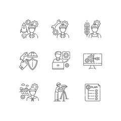 Industrial production worker pixel perfect linear icons set. Civil engineering. Expenditure plan. Customizable thin line contour symbols. Isolated vector outline illustrations. Editable stroke