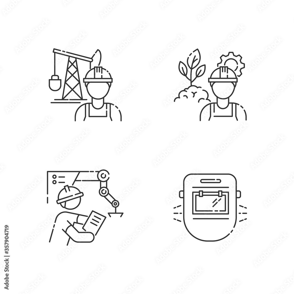 Sticker Engineer job pixel perfect linear icons set. Petroleum extraction worker. Project management. Customizable thin line contour symbols. Isolated vector outline illustrations. Editable stroke