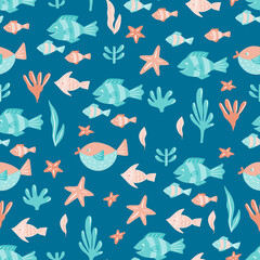 Seamless pattern. Hand drawn elements fishes, starfish, seaweed, corals