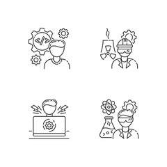 Engineer profession pixel perfect linear icons set. Software developer. Nuclear production worker. Customizable thin line contour symbols. Isolated vector outline illustrations. Editable stroke