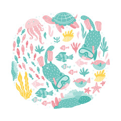 Poster with hand lettering and ocean creatures - fish, cat snorkeling, turtles, jellyfish, corals, seaweed