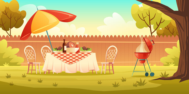 BBQ party on backyard with cooking grill, food on table, chairs and umbrella. Vector cartoon illustration of picnic with barbecue on summer lawn in park or garden