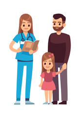 Doctor and patients. Female doctor pediatrician and patient child girl and her father standing. Hospital, clinic healthcare concept