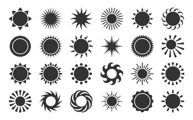 Sun silhouette cartoon icon set. Black sunlight sunset star. Abstract graphic solar vector symbols. Collection on white background for graphic and web design